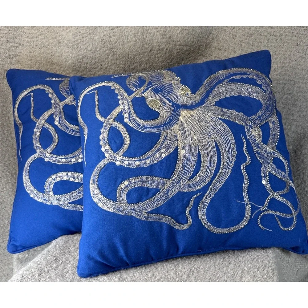 Pier 1 Imports Octopus Throw Pillows Set 2 Blue Silver Upscale‎ Sequin Decor 16